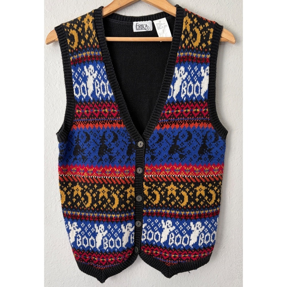 Vintage Womens Halloween Ghost Witch Fair Isle Sweater Vest Medium Spooky Witch
